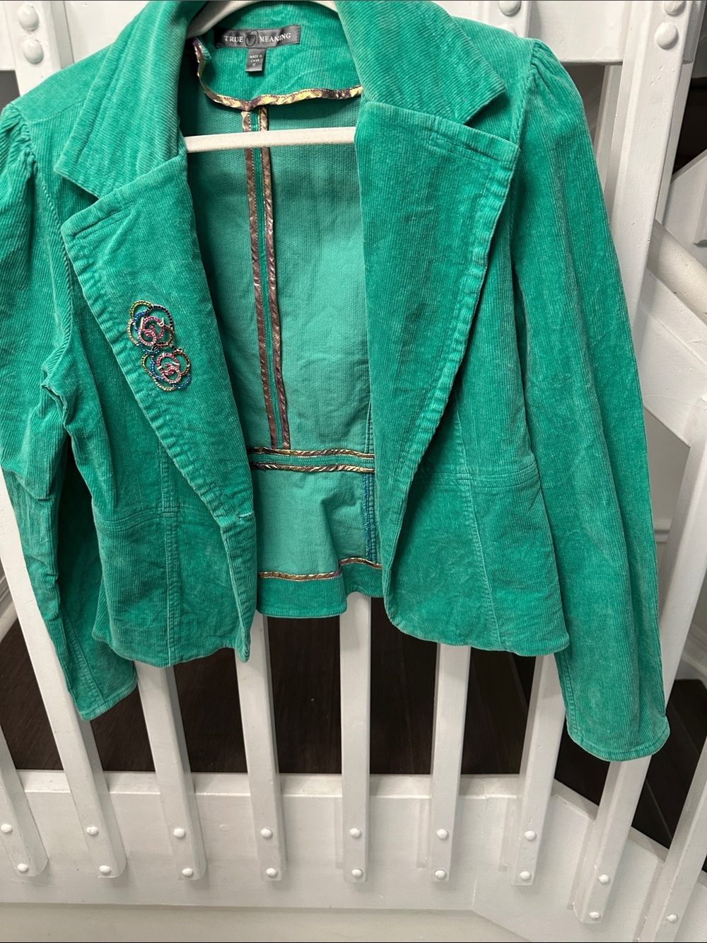 True Meaning Teal Corduroy Blazer with Embroidered Accent